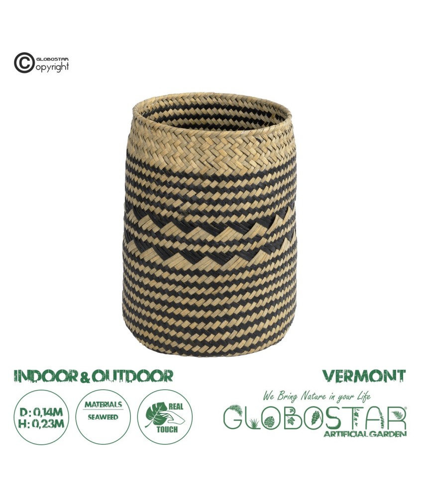 GloboStar® Artificial Garden VERMONT 20586 Διακοσμητικό Πλεκτό Καλάθι - Κασπώ Γλάστρα - Flower Pot Καφέ με Μαύρο Φ14 x Υ23cm